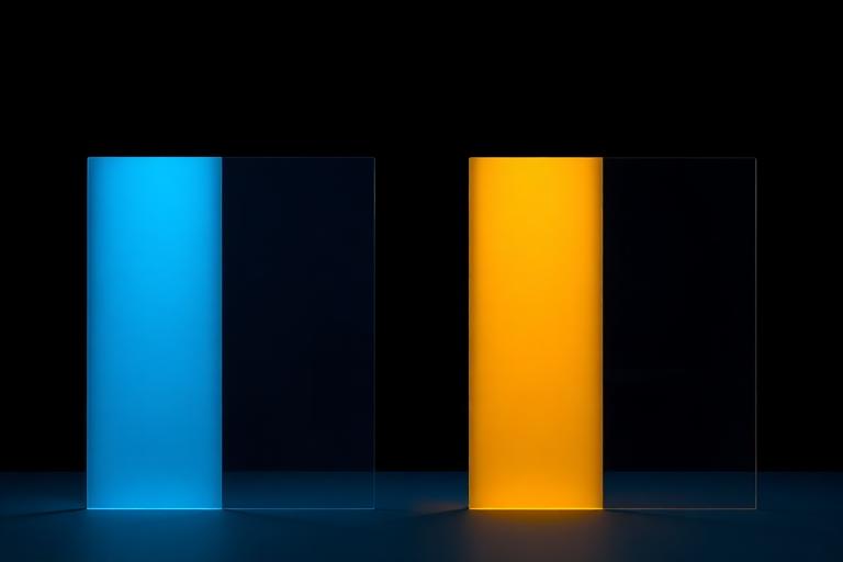 Dois painéis de vidro iluminados, um dourado e um azul